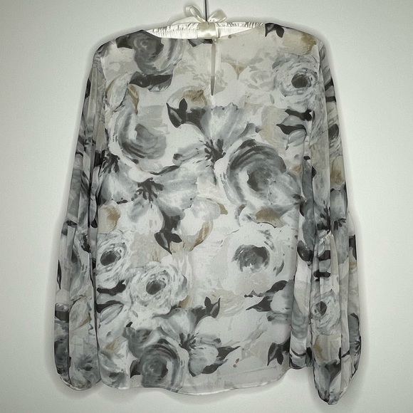 Calvin Klein Gray Floral Sheer Blouson Sleeve Blouse S - Picture 2 of 3